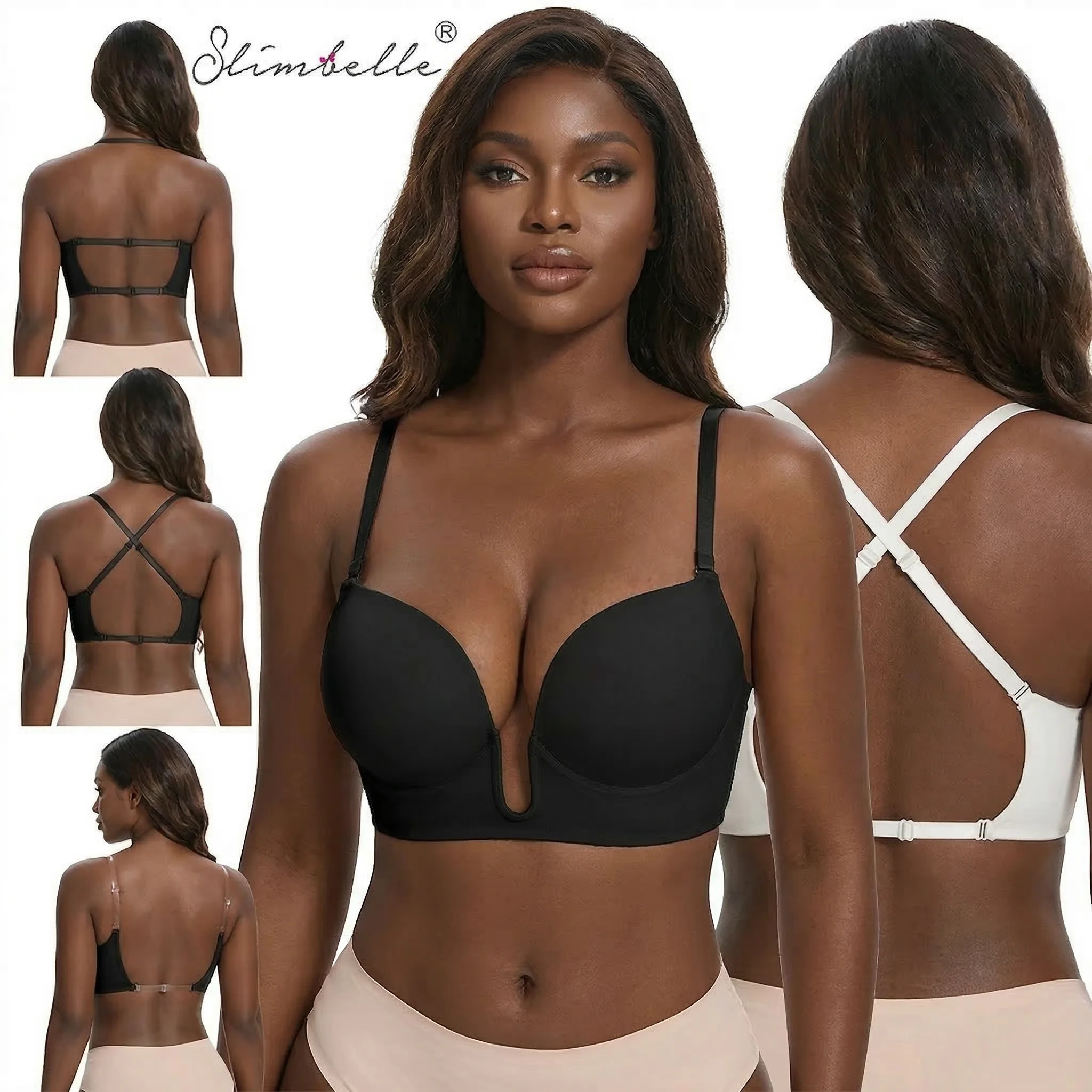 Slimbelle Deep V Bra Women High Stretch Push Up Gathered Lingerie Invisible Backless Bralette Adjustable Strap Low Cut Underwear