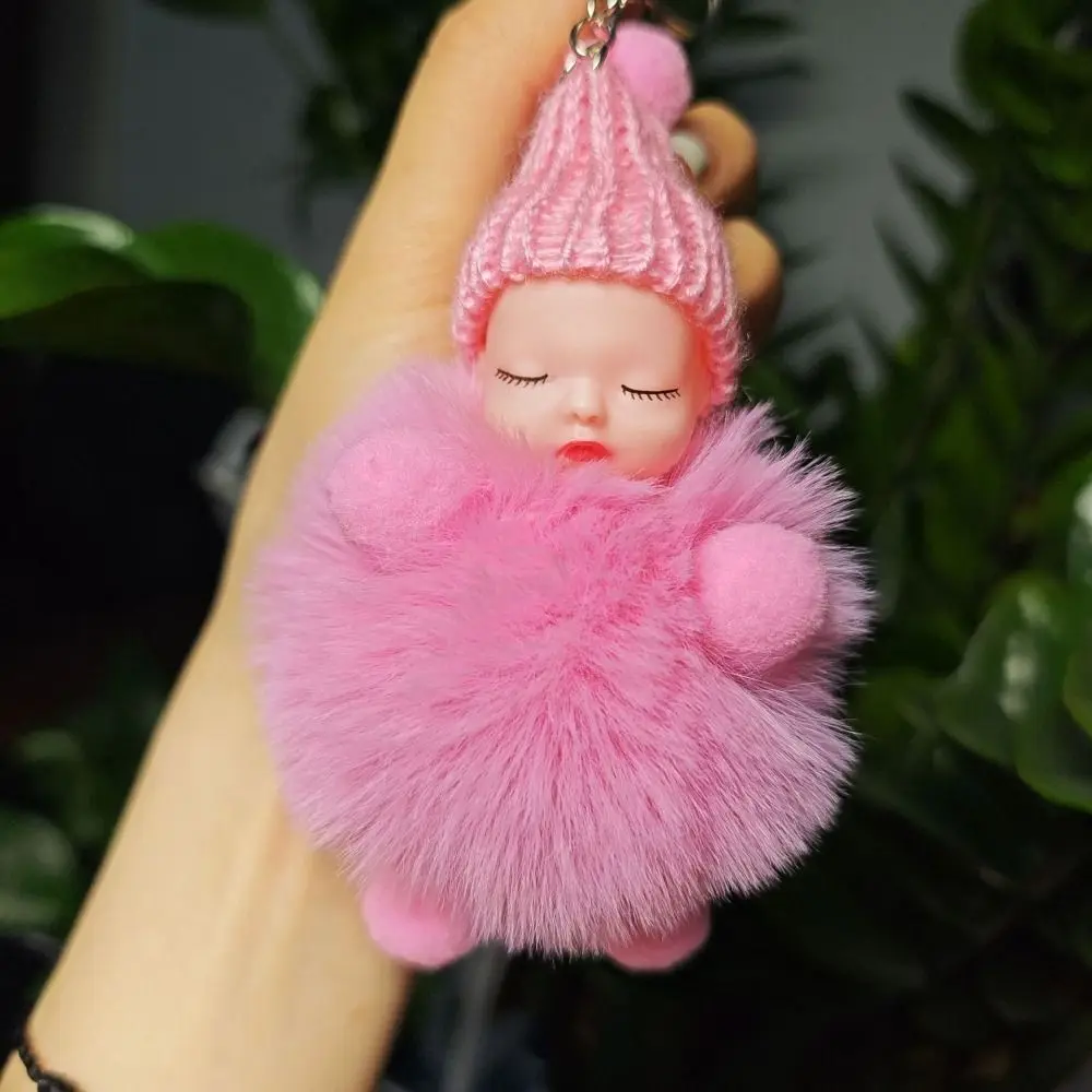 Knitted Hat Pompom Sleeping Baby Keychain Lovely Cute Sleeping Baby Key Chain Plush Doll Soft Sleep Baby Pompom Keyring