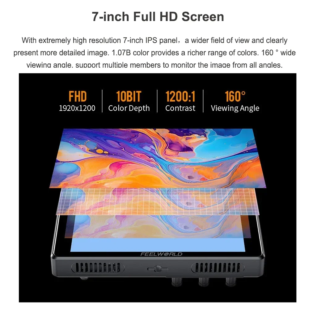 FEELWORLD S7 7" Touchscreen Monitor DCI-P3 1600nit IPS 3D LUT 12G-SDI HDMI2.0 I/O TALLY Indicator Aluminum Housing Easy Mod