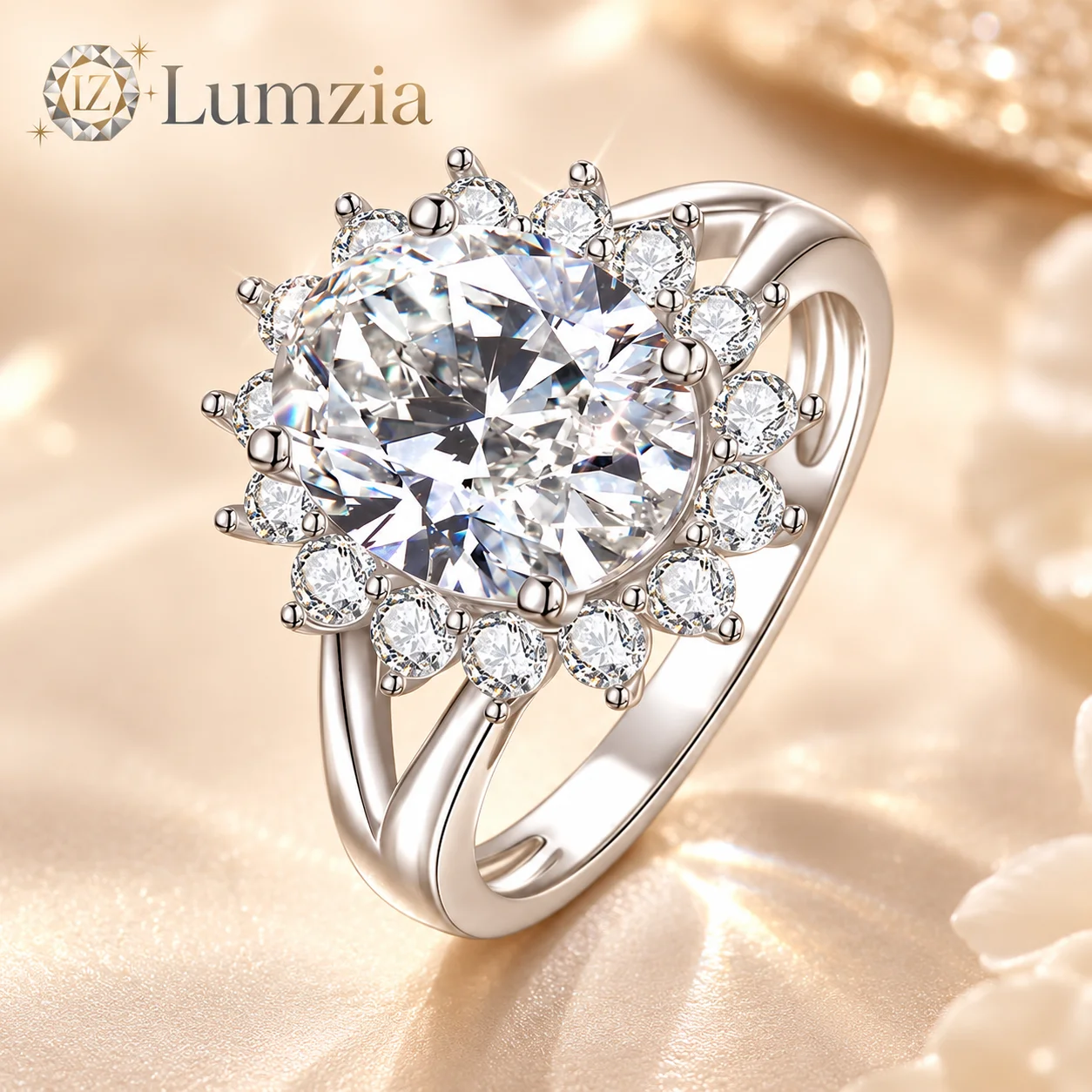 4CT 5A Cubic Zirconia Oval Ring Split Shank Halo Pave Plated Copper K White 14K Golden Gift for Women