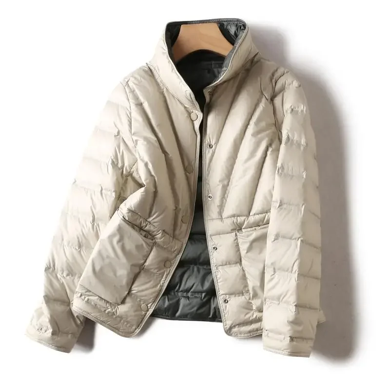 Manteau double face en duvet de canard blanc, col montant, veste à boutonnage simple, nouveau style, hiver