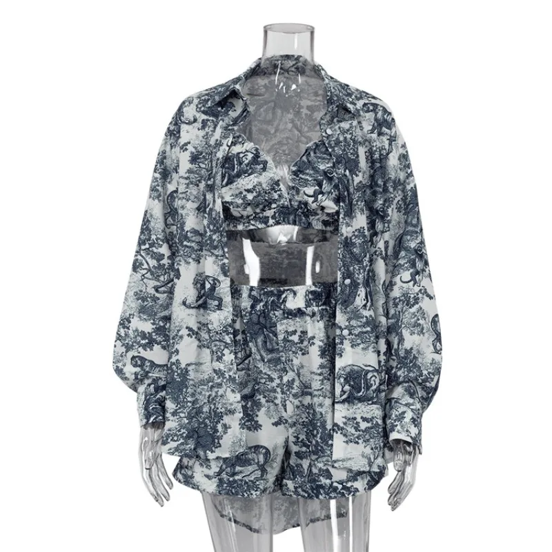 

2026 Spring and Summer Retro Shirt Suspender Shorts Set Printed Fashion Women's Three-piece Set