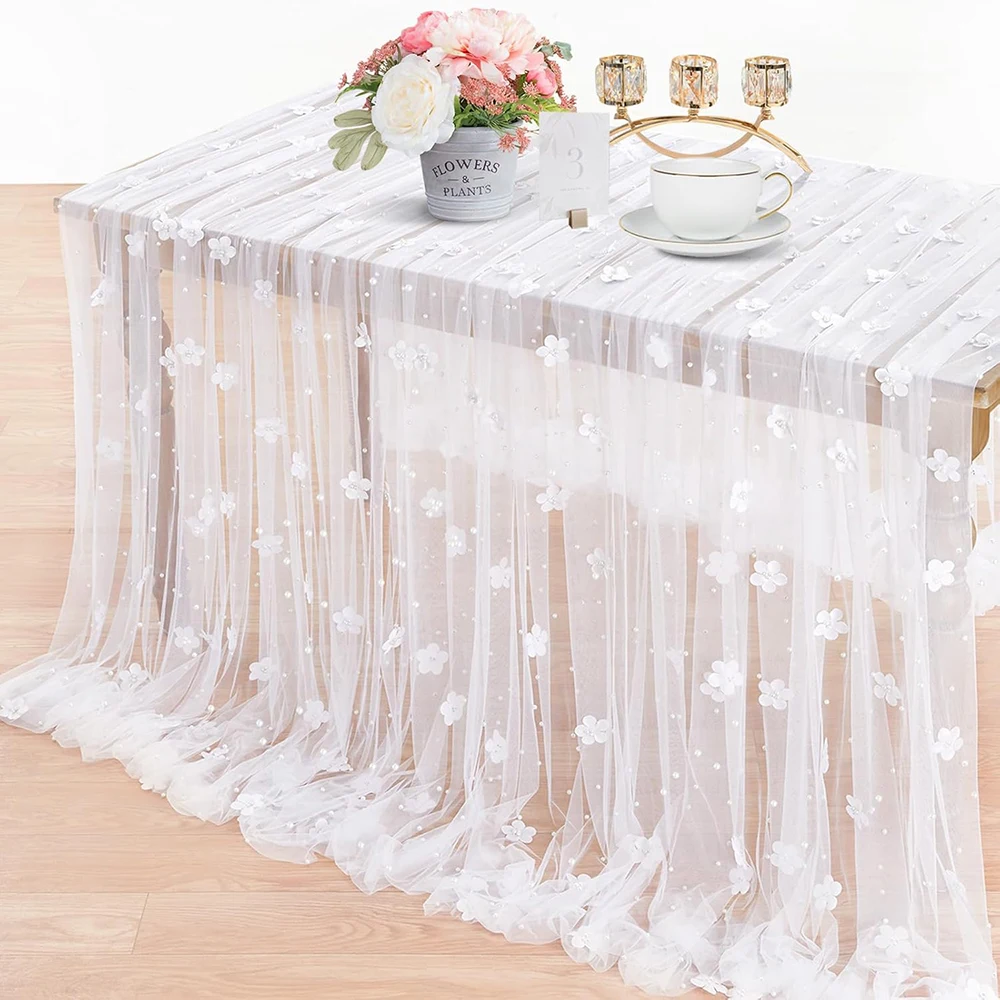 10ft Flower Pearl Table Runner Tulle Fabric Wedding Lace Tablecloth Arch for Bridal Shower Veil Baby Shower Table Decorations