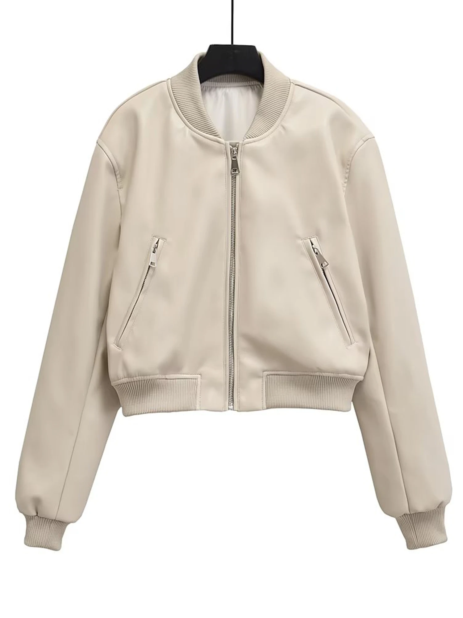 Primavera autunno Beige nero Slim risvolto manica lunga donna giacca corta in pelle Fuax cappotto femminile giacca da motociclista in pelle PU Streetwear