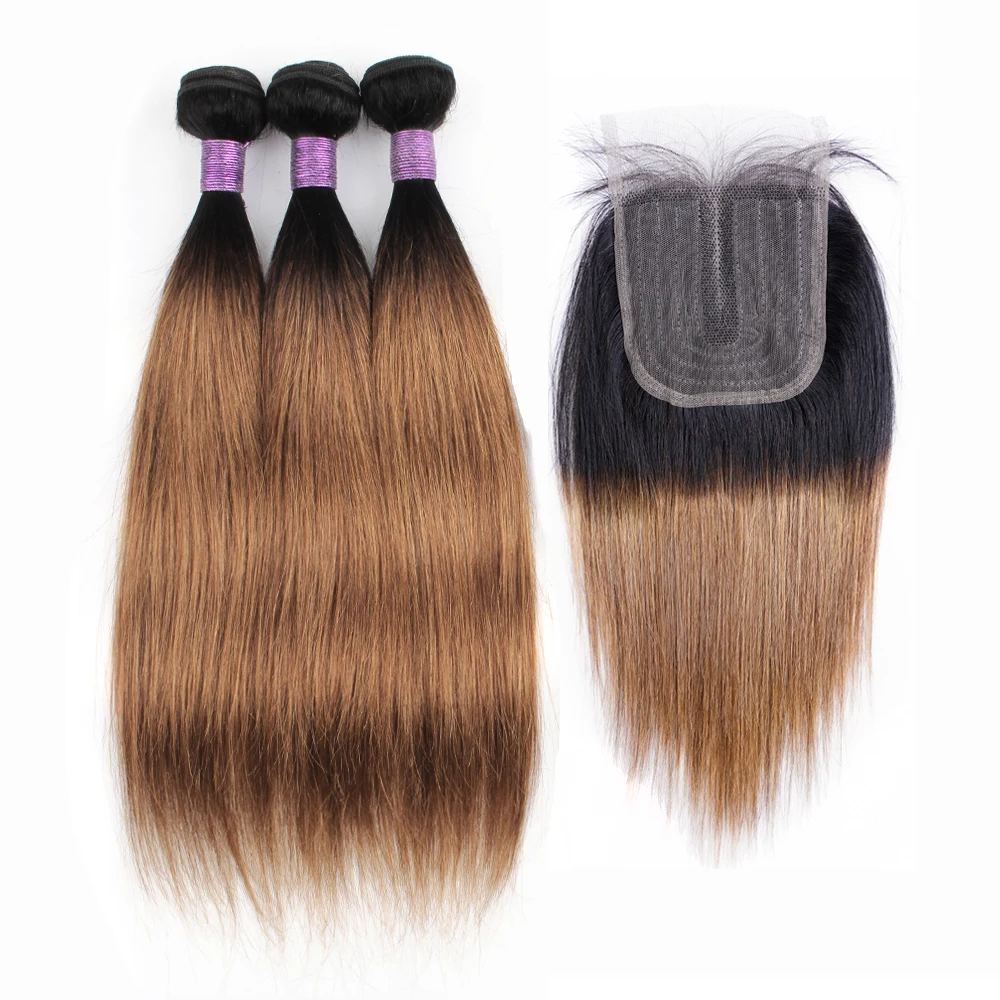 Extensiones de cabello humano indio Remy, mechones lisos de Color marrón 1B 27/30, 4x1 T, cierre de encaje, 200g por juego