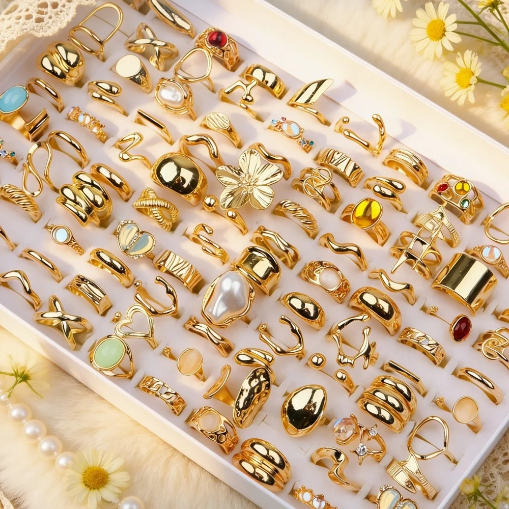 10/20/30/50Pieces/Lot Elegant Fashion Flowers Heart Love Open Rings Set For Women Mix Style Trendy Daily Jewelry Party Gifts