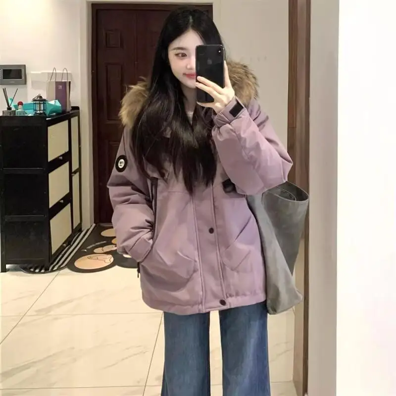 

Women's Winter Coat American Retro Purple Big Fur Collar Parka Cotton Jacket Women Winter New Loose Thick Warm Workwear