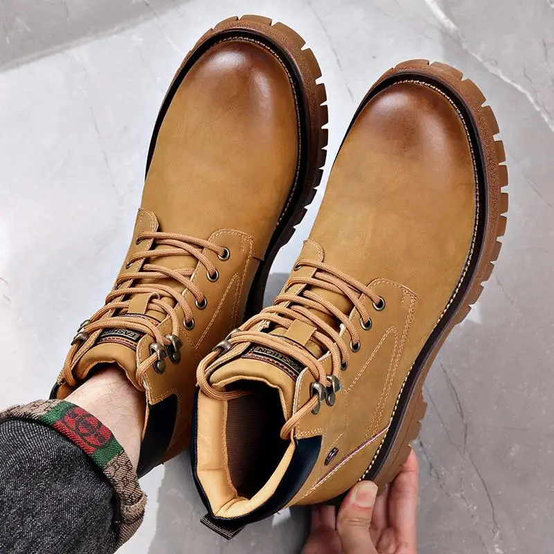 Wool Integrated Denim Boots for Men's Outdoor Winter British Style High Top Soft Sole Retro Leather 2024 New Big Yellow Boots