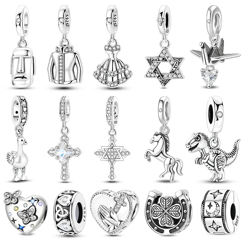 Breloques Vintage en Argent Sterling 925 avec Perles Pendantes et Zircons CZ, Motifs Croix, Étoile, Prière, Cœur, Fer à Cheval, pour Bracelet, Bijoux DIY, Cadeau pour Femme