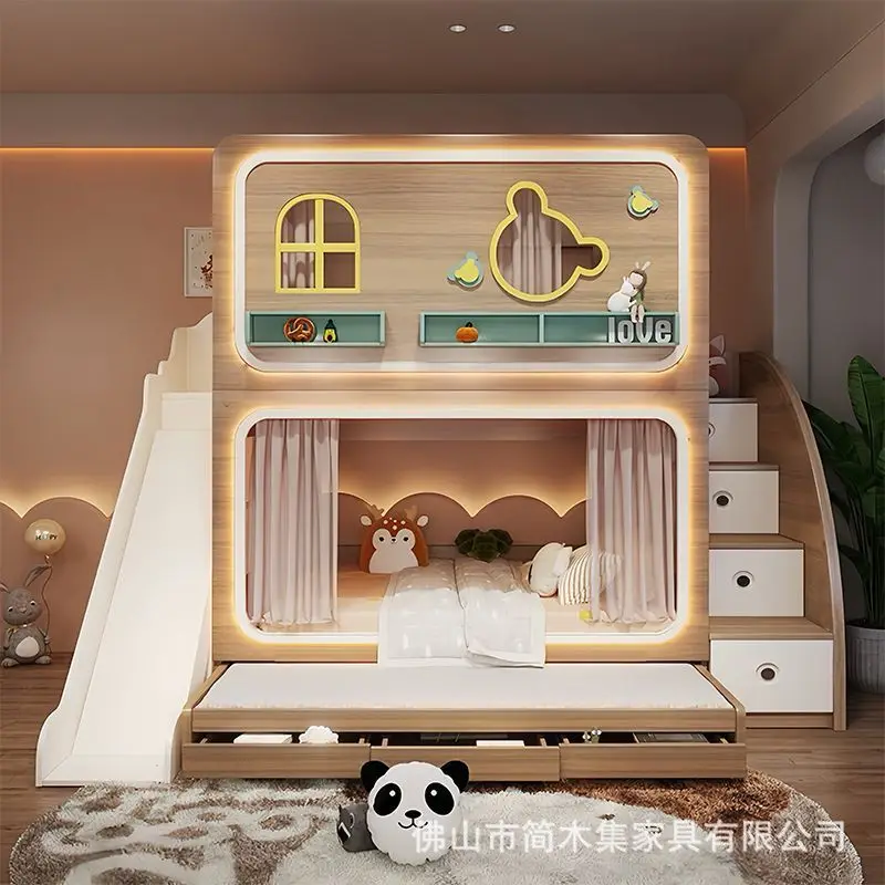 Log Color Children Bunk Bed Modern Simple Mother And Child Bed High Low Bed With Ladder Cabinet