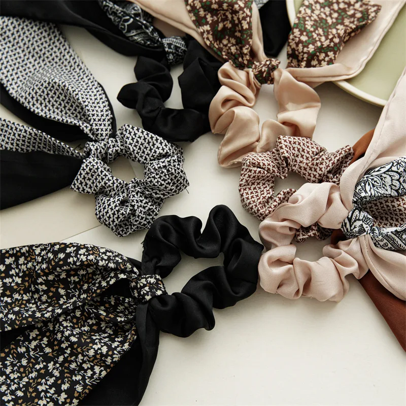 Fashion Floral Hair Bands Girls Bow Scrunchies Korean Pontail  Double-deck Scarf Hair Ties Hair Accessories Hairband Party Gift