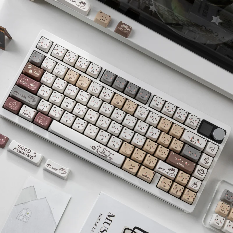 PBT Keycaps 129 Keys Cute Keycaps Dye-Sublimation Coffee Cat Keycap Mao Profile Custom Keycap for MX Swithes Mechanical Keyboard