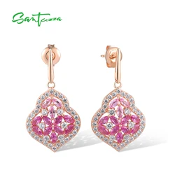 SANTUZZA Pure 925 Sterling Silver Drop Earrings For Women Sparkling White CZ Created Pink Sapphire Sweet Romantic Fine Jewelry
