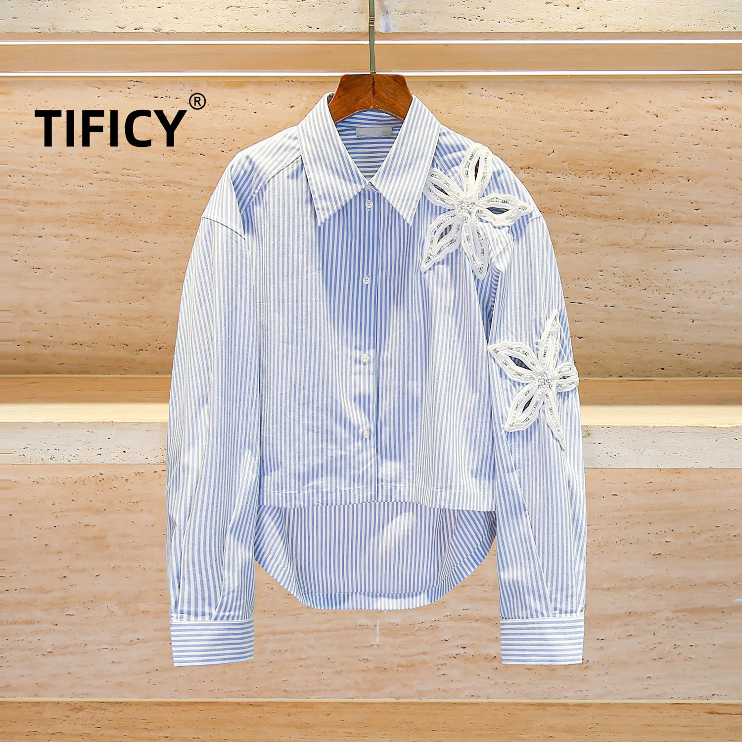 High Street Shirts Women's Autumn French Style Design Nail Bead Striped Streetwear Fashion Party Shirt Top