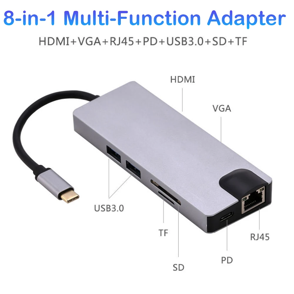 8 in 1 Type C SD TF Card Reader USB 3.0/HD-MI/RJ45/VGA Adapter 5Gbps High Speed Transfer Multifunctional Card Reader