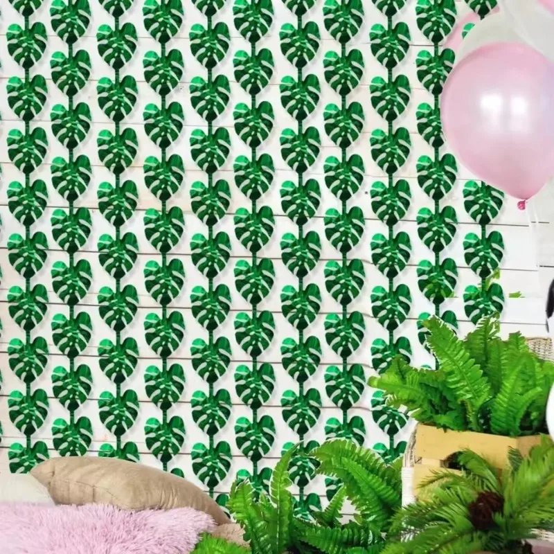 1/3/5 Uds. Cortina de lluvia de hoja verde, cortina de pared con borlas para puerta, fiesta temática de jungla, fondo de escenario de cumpleaños, decoración de pared Prop