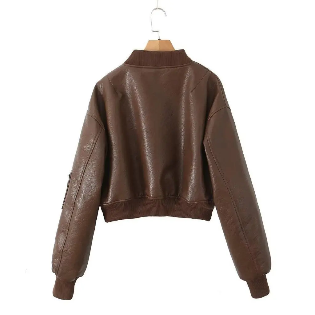 

Women's Zipper Short Coat American Style Hot Girl Blogger Trendy Leather Cotton Jacket for Autumn