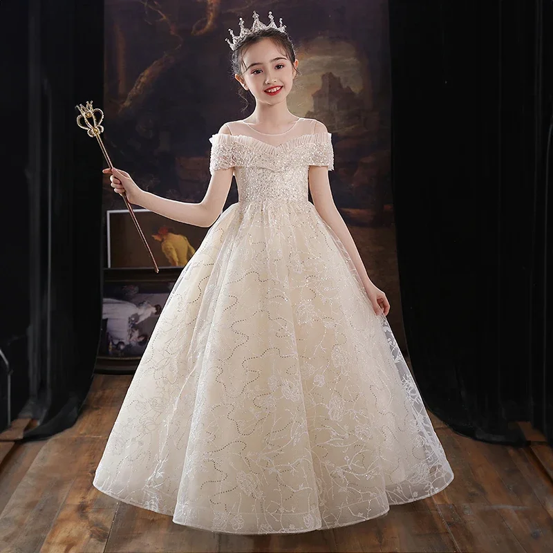 

Flower Girl Long Champagne Dresses Wedding Birthday Party Evening Gowns Kids Formal Luxury Princess Pageant Dress Child Festival