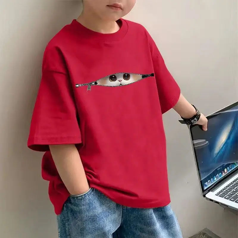 Kids' Cartoon Print Zipper Cat Summer T-Shirt Korean Style Trendy Versatile Unisex Top