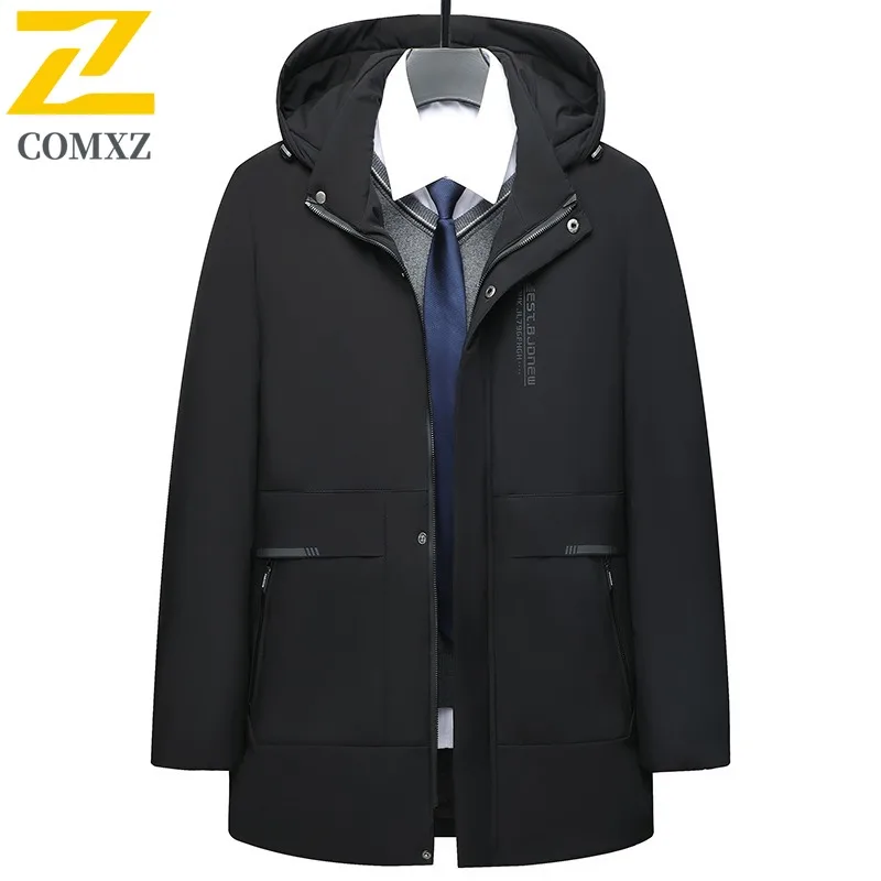 

Men Mid-Length Waterproof Jacket Autumn Winter Solid Color Fashion Trend Warm Outdoor Camping Windproof Hood Coat Padded Clothe