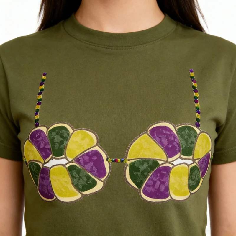 Mardi Gras Beaded Bra Printed T-Shirt Tops Carnival Costume Novelty Weirdcore Tee Crewneck Fashion Casual Style Short-sleev