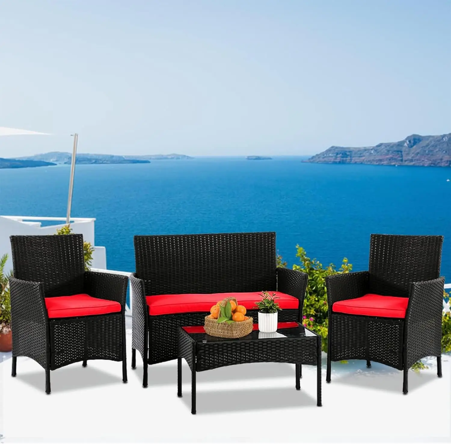 4-teiliges Terrassenmöbel-Set, Gesprächsstühle, Outdoor-Terrassenset aus Korbgeflecht mit Tisch, Terrassensitz, Rattan-Terrassensofa für