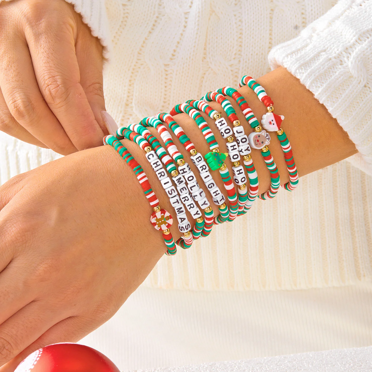 10Pcs/Set Colorful Soft Clay Beads Christmas Tree Santa Claus Beaded Bracelet Set For Women Stackable Bangle Handmade Party