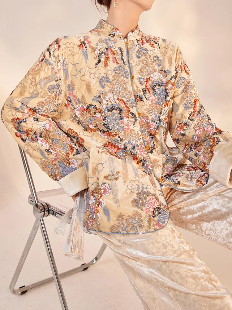 Chinese Tang Suit Clothes Luxury Sequin Embroidery Hanfu Vintage Mandarin Collar Jacket Lady Elegant Tops Spring Autumn Outwear