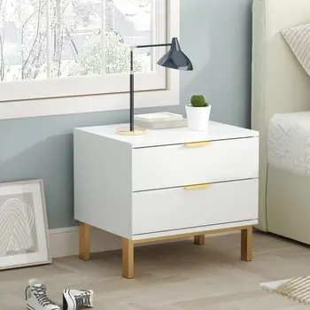 Image Modern Nightstand with 2 Storage Drawers  Gold Metal Legs Minimalist and Versatile Bedside Table Sofa End Side