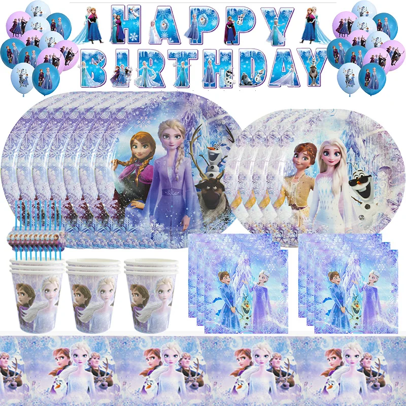 New Disney Frozen Birthday Decoration Tableware Snow Queen Theme Balloons Cups Plates Kit Girl Birthday Party Deco Supplies Set