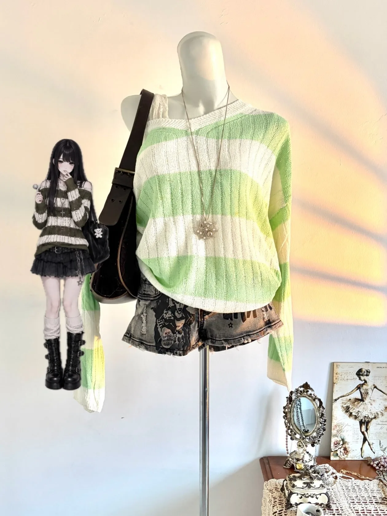 Grunge Alt Women One Shoulder Hollow Knit Jumper Green White Wide Stripe Long Sleeve Loose Y2K Sweater