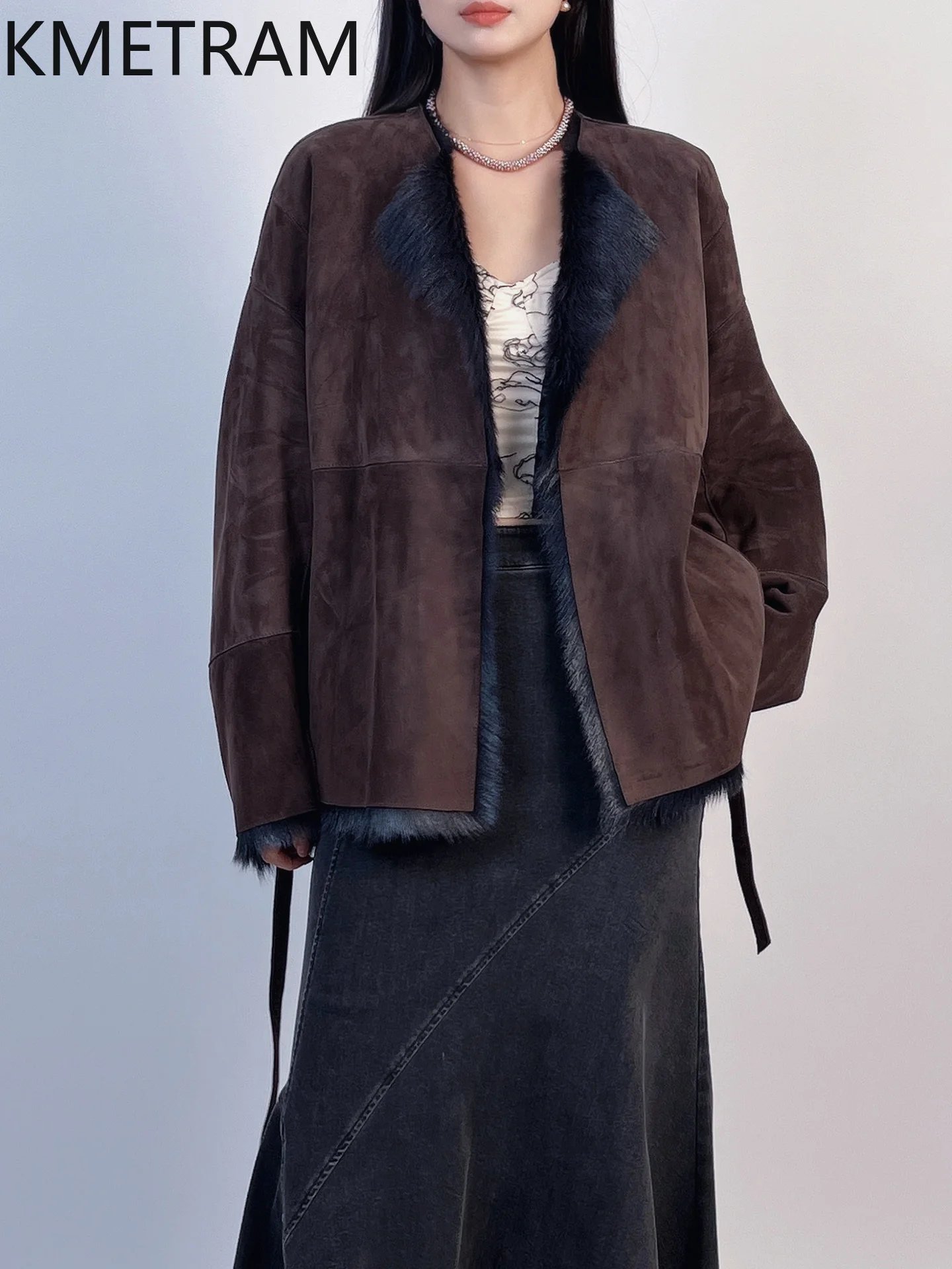 KMETRAM-abrigo de piel de cabra Natural con lana adjunta, chaqueta corta de piel auténtica de lujo, ropa de mujer, abrigos nuevos de invierno, шу onder