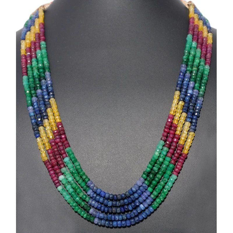 5 Line 531.5 Cts Emerald Ruby Sapphire Precious Gemstone Beaded Necklace MP-1001