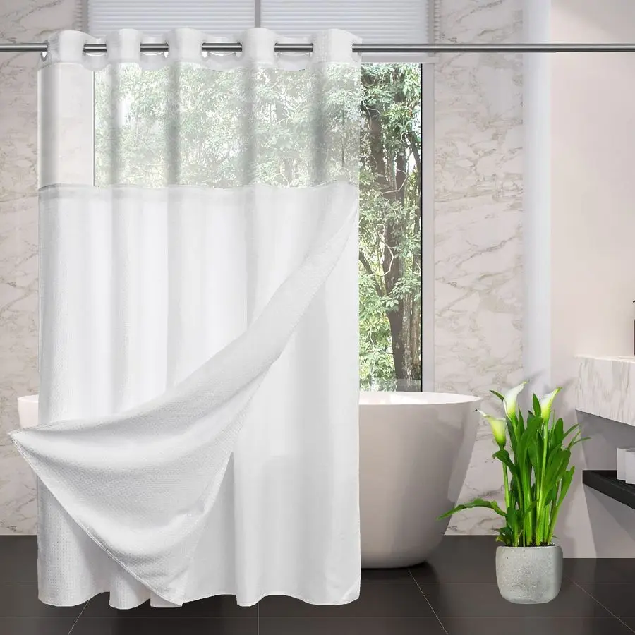 

Hooks Required Waffle Weave Shower Curtain with Snap in LinerHotel Grade Waterproof amp Mesh Top Window Spa Like Bath Curtain Ma