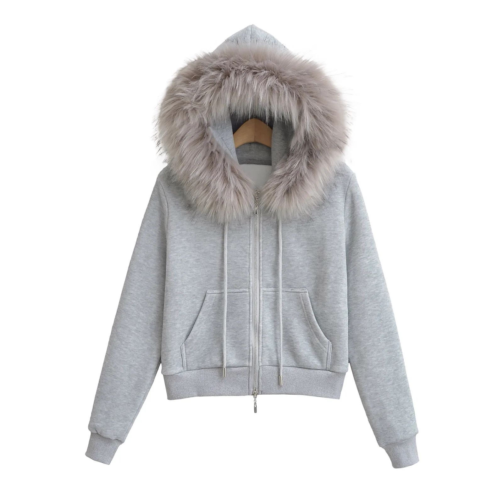 

American Vintage Grey Zipper Fur Collar Hooded Sweatshirt Autumn Punk Motorcycle Personality Cardigan Hoodie Female Clothing