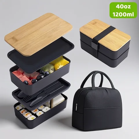 Bento Lunch Box Adult Bento Lunch Box, 2-Tier Food Storage Container Set with Cutlery for Kids/children, Crisper Microwave and Dishwasher Safe