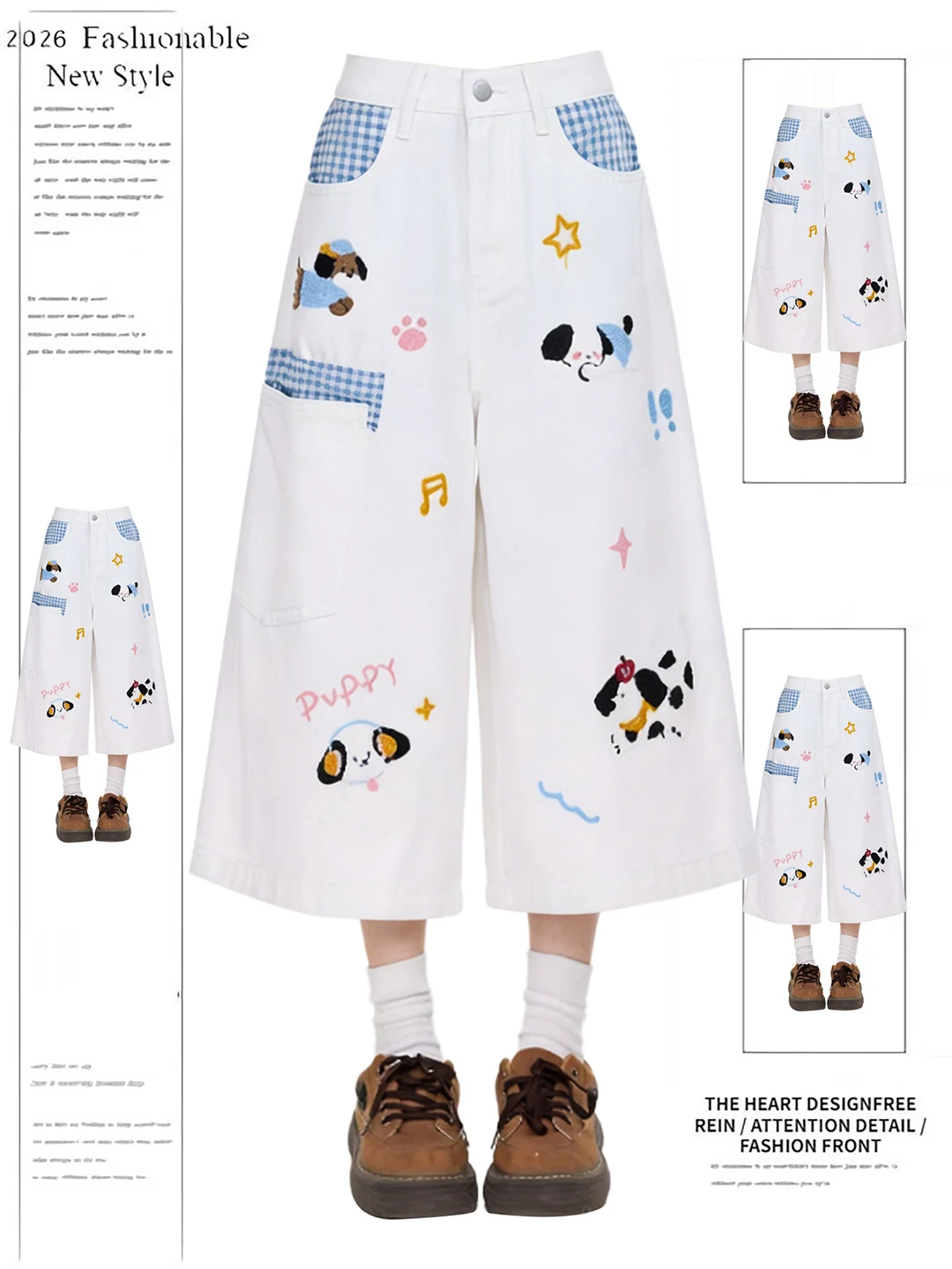 

Retro American Fashion Dog Print Washed Denim Seven-Foot Pants Women Summer Plaid Design Short Pants High Waist Wide Leg Jeans