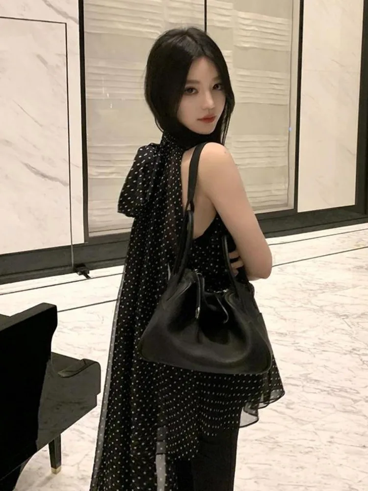 Blusa De gasa coreana para Mujer, blusa sin mangas con estampado De lunares, estilo vendaje, 2024
