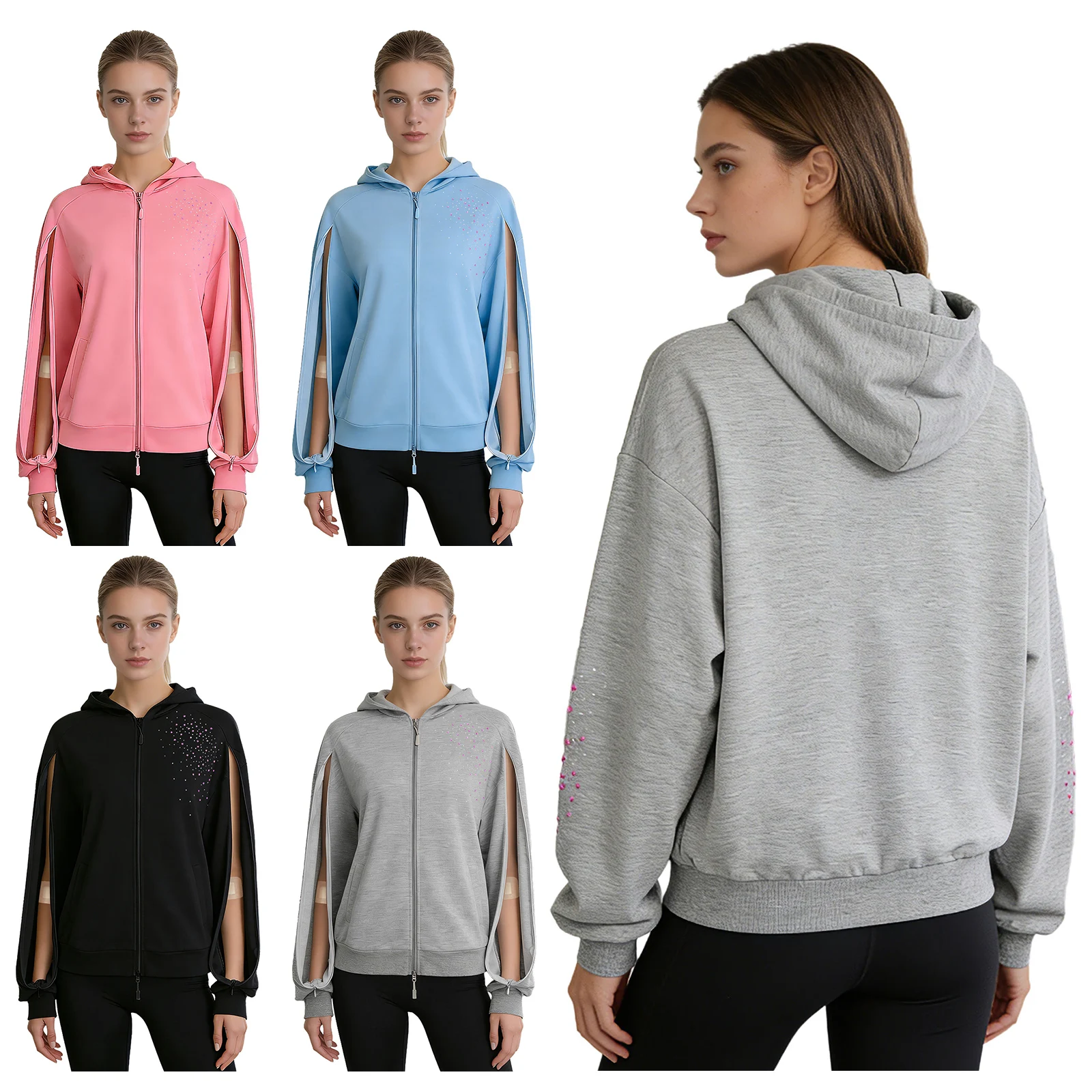 Ladies Full Zip Hoodie with Arm Zippers Shiny Rhinestone Decor Casual Jacket with Pockets for Daily & Dialysis view 6