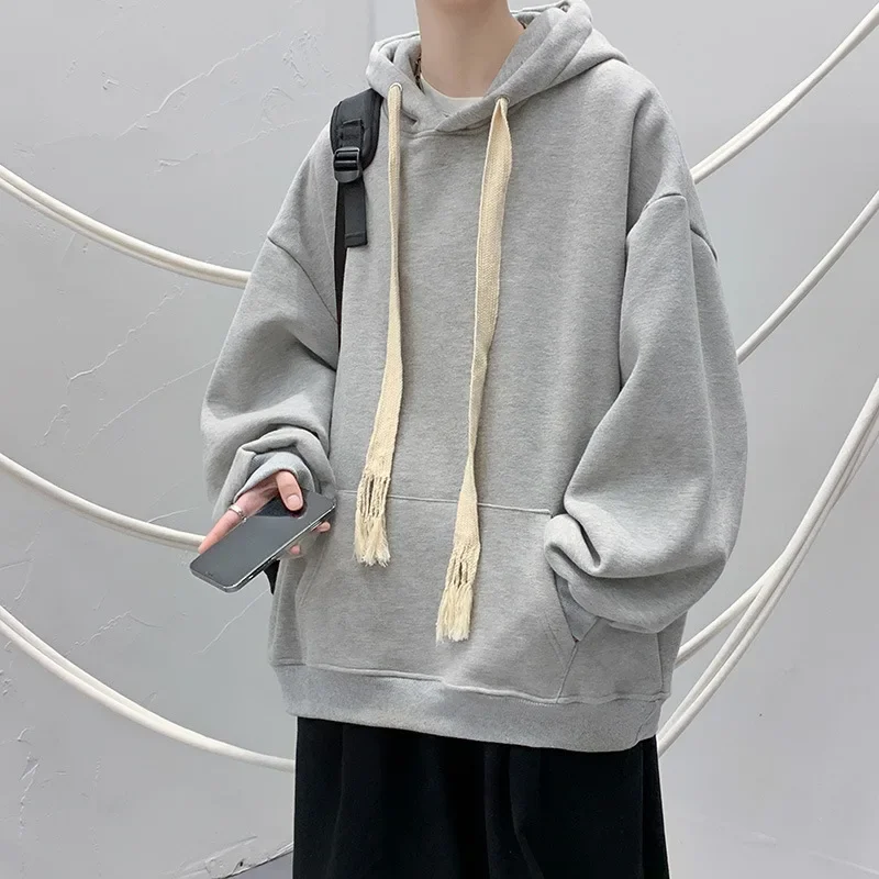 2023 Spring New Simple Knitted Drawstring Sweatshirt Men's Hooded American Style Hong Kong Style Loose Fit Versatile Jacket Men