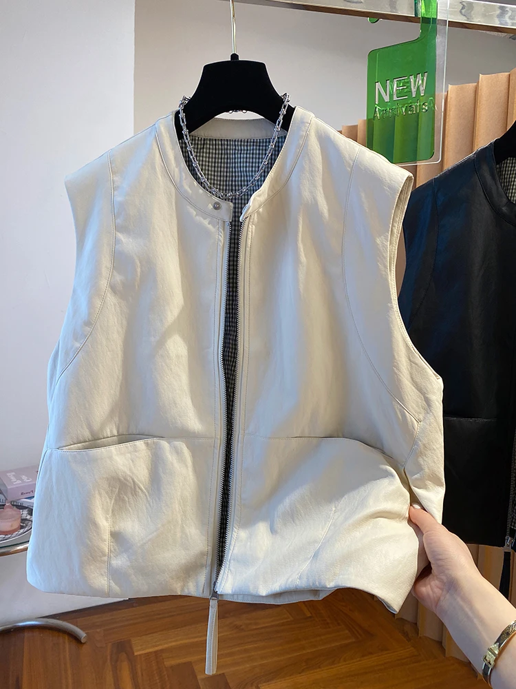 

Retro American Bla PU Leather Vest Jaet Men's Casual Svel Faion High End Spring Autumn Versatile Top Zipper Closure