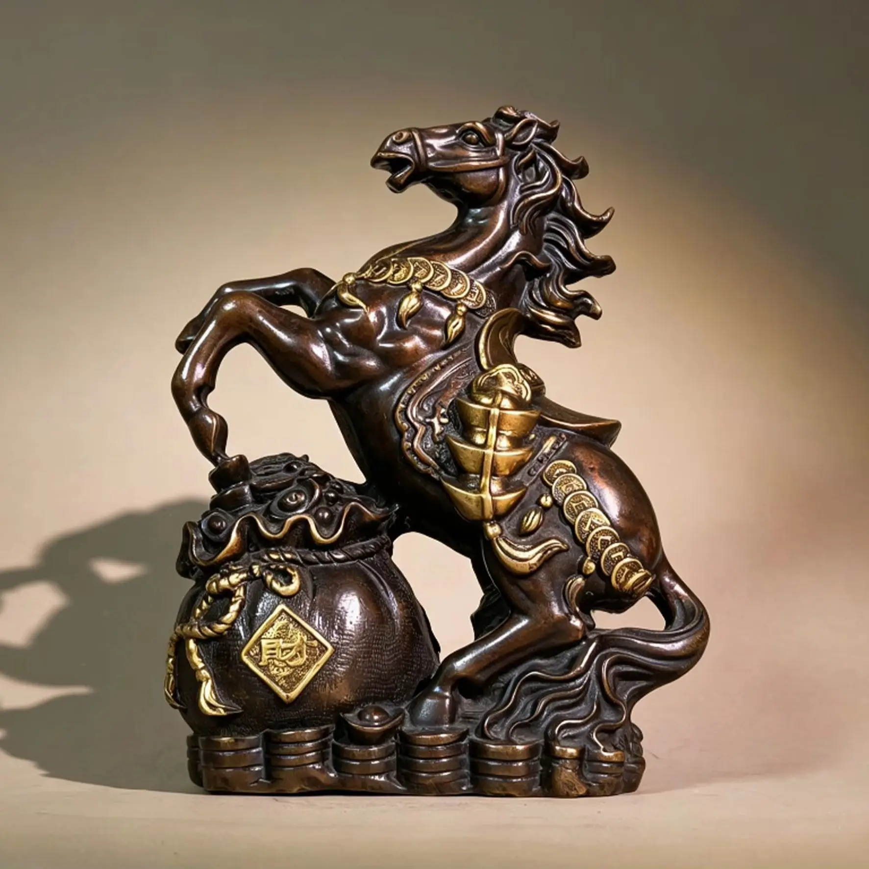Bronze Horse Ornament with Money Pouch, Immediate Success Horse Zodiac Statue, Bronze Craft for Home Living Room & Office Decora