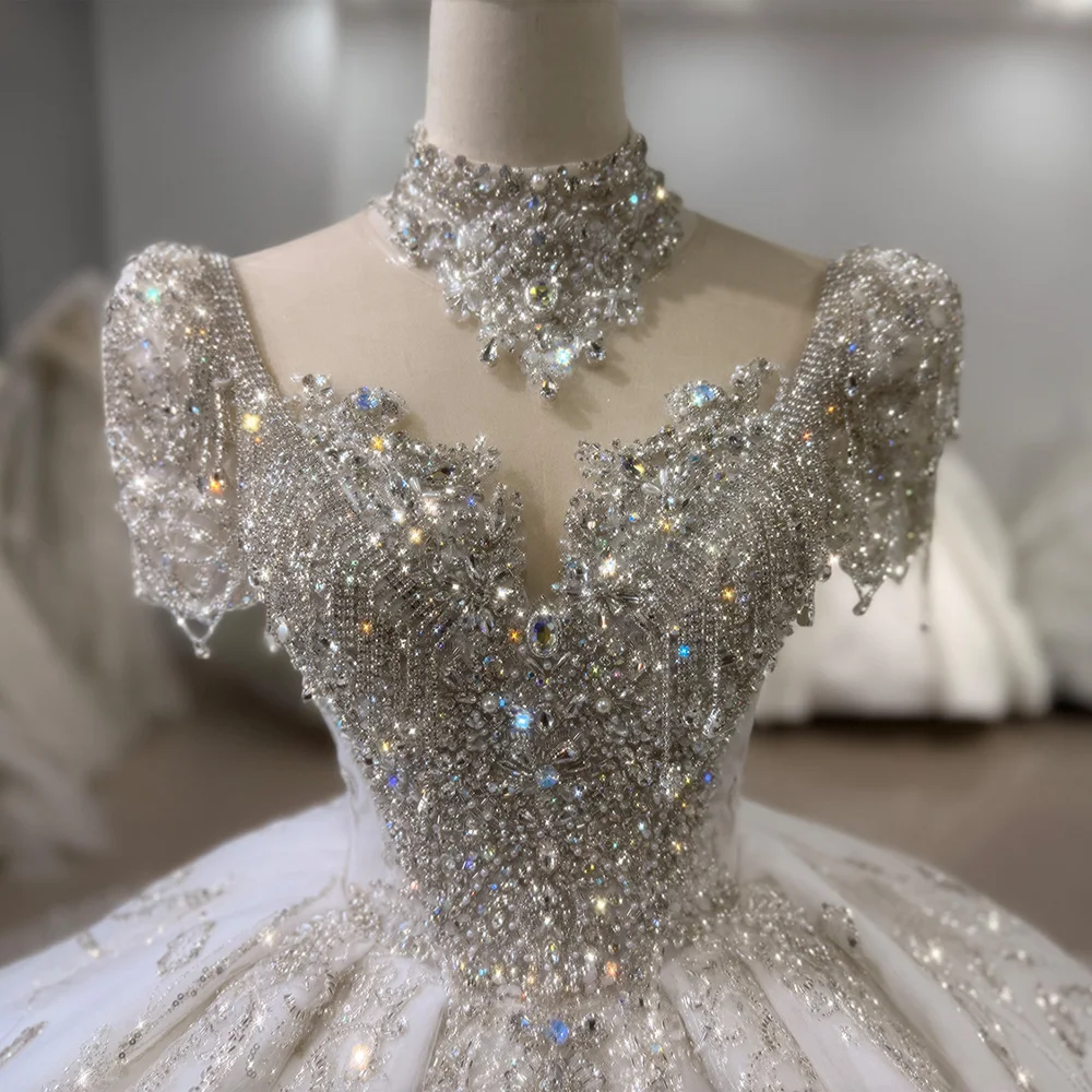Rhinestones Wedding Dress Short Sleeves O Neck Lace Up Back Ball Gown Shiny Bridal Dress