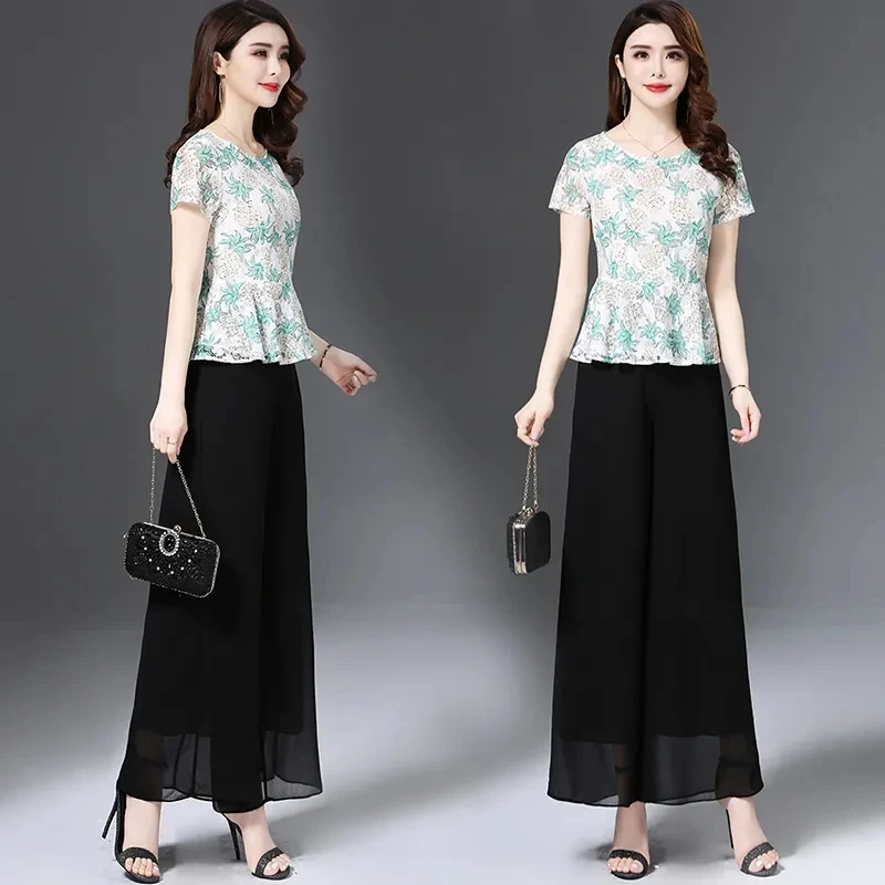 Mother's Set Spring Summer Short Sleeve Lace Tops And Chiffon Wide Leg Pants Two Piece Set Women's Suit Elegant Fashion Outfit