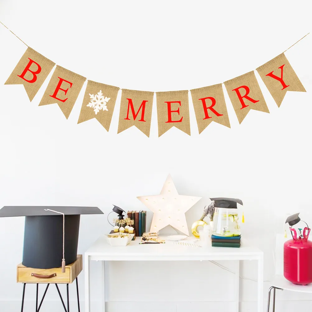 Snowflake Pattern Burlap Banner Letters Bunting Banner Linen Swallowtail Pull Flag Christmas Party Decoration