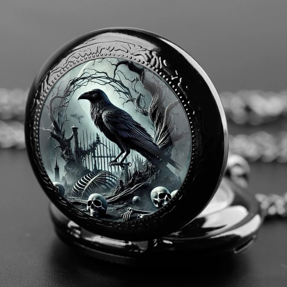 Vintage-Style Crow Skull Exquisite Quartz Pocket Watch for Women Men Kids Unique Clock Watches Chain Jewelry Pendant Gift