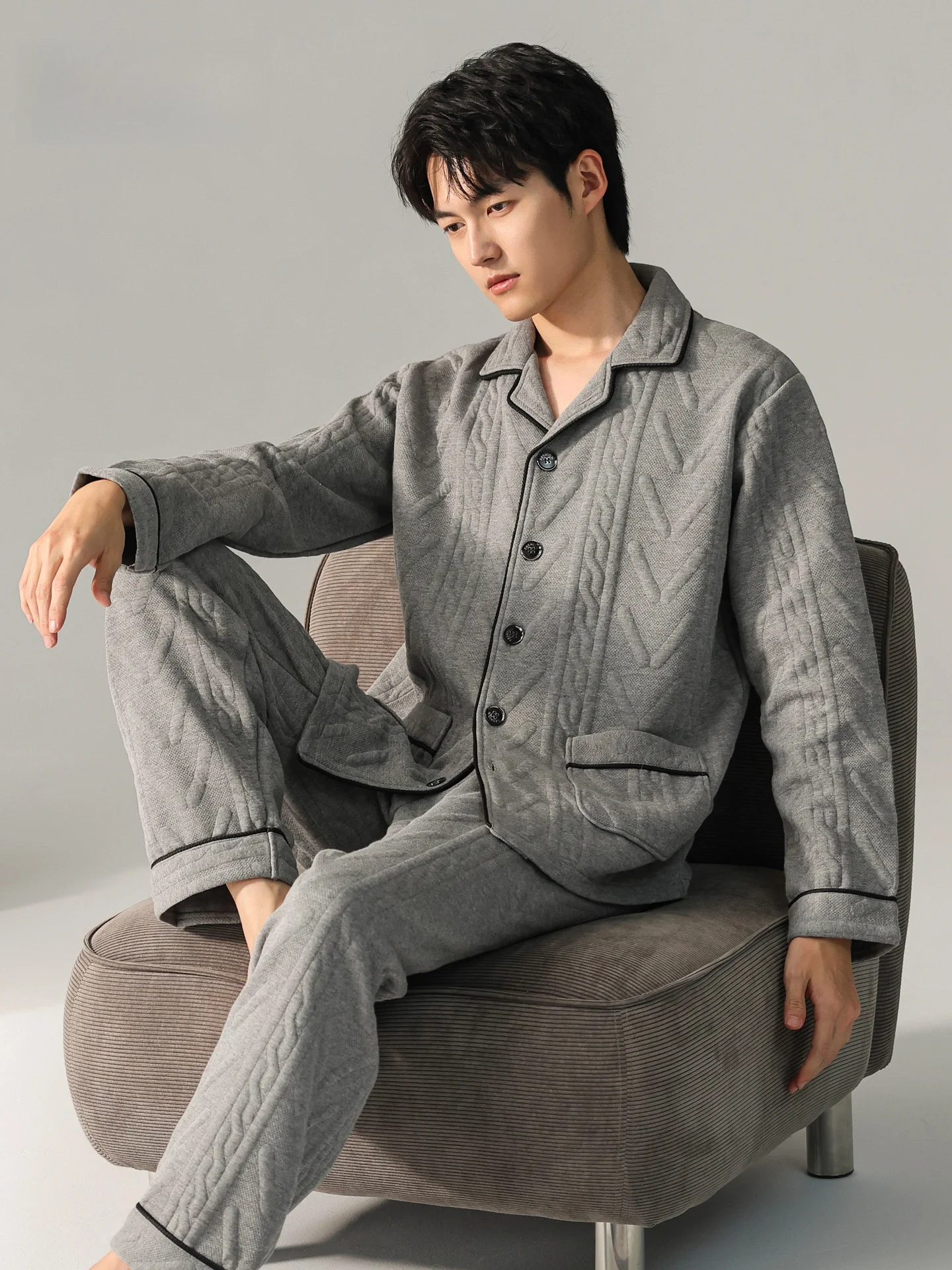 Men's Winter Sleepwear Air Cotton Thermal Set Large Size 200 Pounds Outdoor Home Clothes Soft Knitted Long Sleeve Shirt