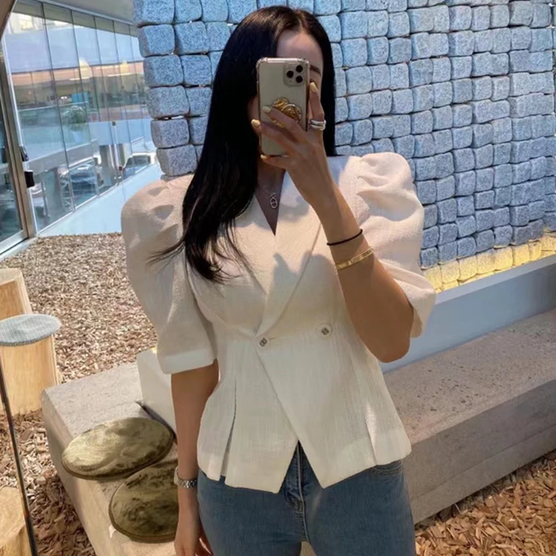 

Chic Summer ort Coat Women's Double-Breasted Waist-Cinching Slim Fit Tweed Jaet Casual Busin Sle ort Sve