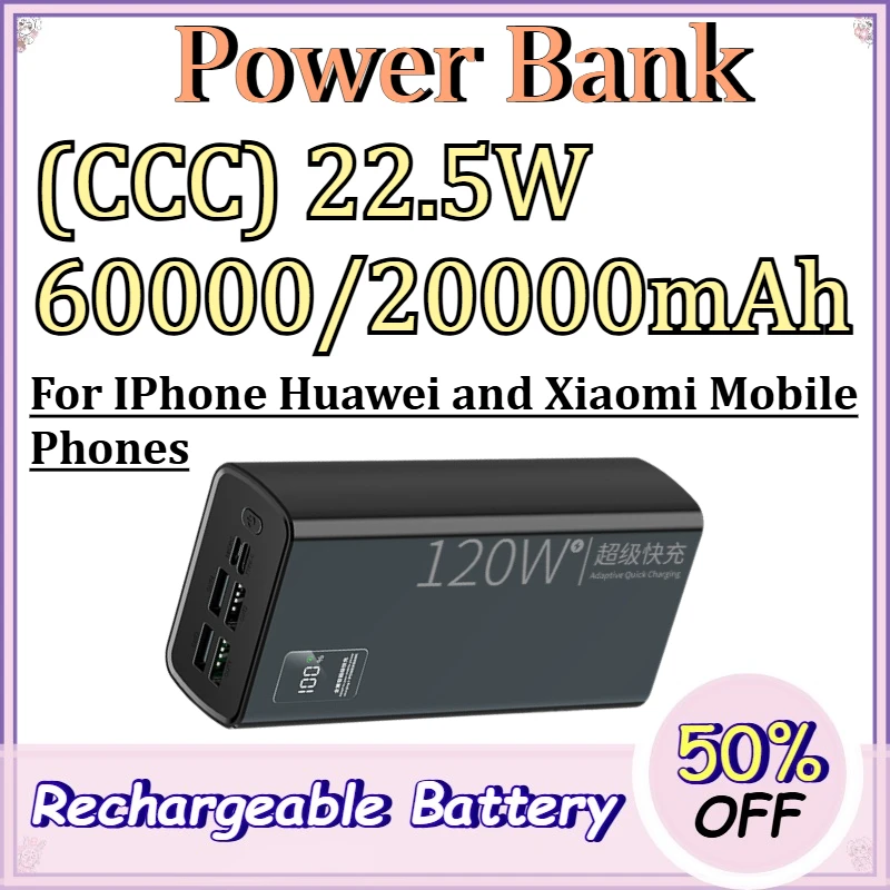 

(CCC) 22.5W 60000/20000mAh Power Bank for IPhone Huawei and Xiaomi Mobile Phones Fast Charging High-Capacity PowerBank
