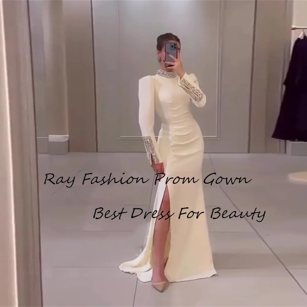 Ray Fashion Mermaid Evening Dress Satin High Neck With Long Sleeves Crystal For Formal Occasion فساتين سهرة Saudi Arabia